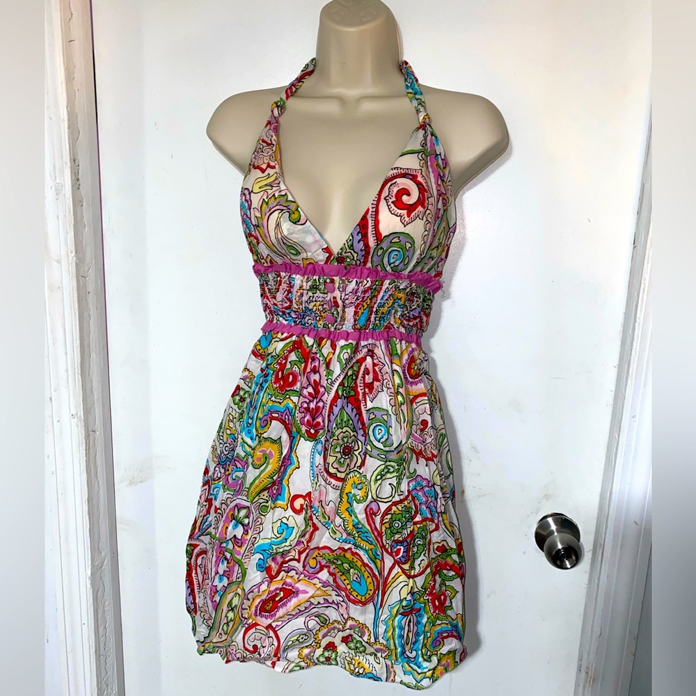VintageGuess size M dress- multicolor halter top summer dress with stretch waist